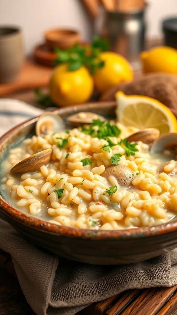 A bowl of creamy clam risotto with clams and parsley, served with lemon wedges, in a cozy kitchen setting.